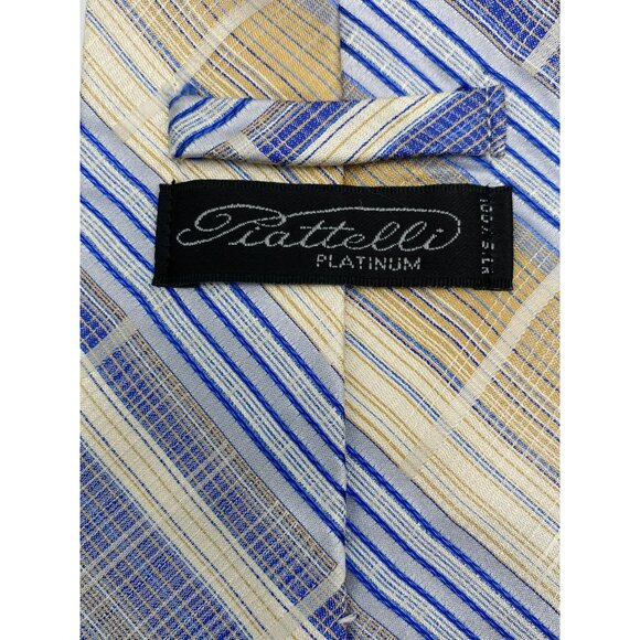 Bruno Piattelli Striped Blue Tan Retro MCM Silk Neck Tie Luxury Vintage Mens - Picture 6 of 6